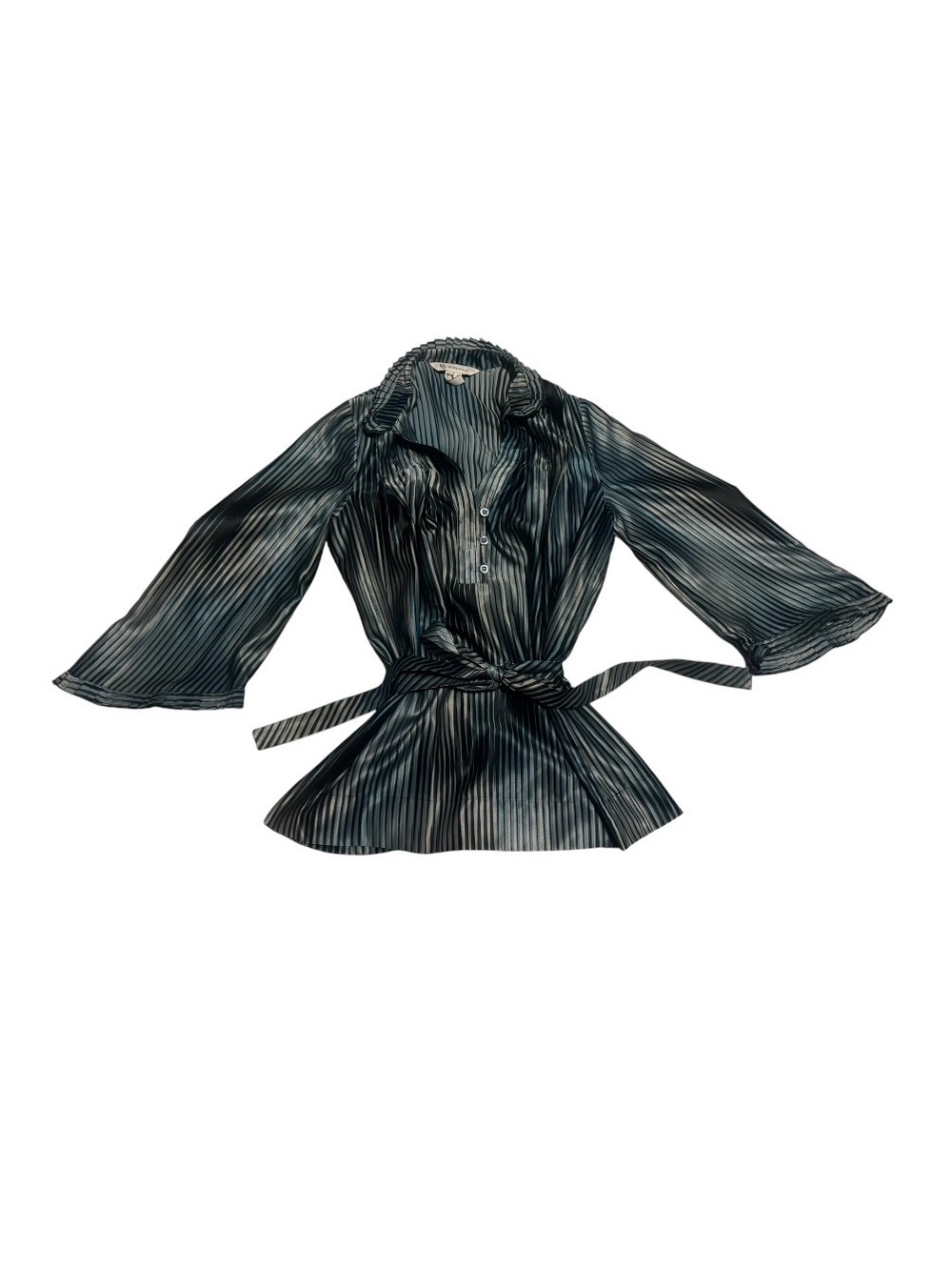 Y2K Style Silky Blue, Black and Grey Striped Tie-Waist Blouse